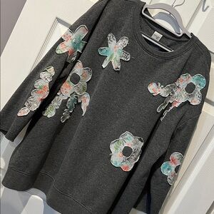 Terra & Sky Charcoal Knit Top handcrafted flowers design